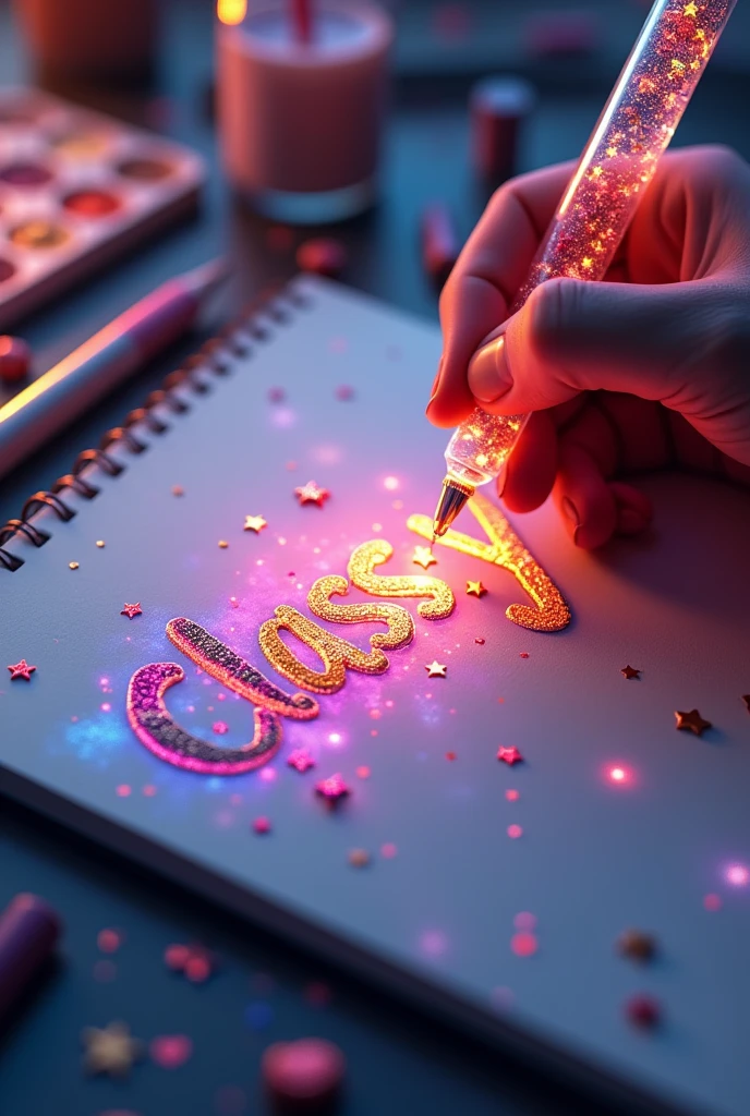 (((A mesmerizing, hyper-realistic 16K 3D illustration captures a magical moment of pure creativity. A talented artist is masterfully sketching a heartfelt message, "CLASS:y", in a notebook.))) The text is composed of vibrant, color sepia stars and hearts that smoothly transition through the entire spectrum. The artist's hand, holding a transparent pen filled with radiant stars, is detailed exquisitely, symbolizing boundless creativity and imagination. The background is a three-dimensional sketchbook setting with scattered throughout, adding depth and dimension to this captivating, graffiti-inspired scene. The illustration radiates energy, movement, and vibrant colors, making it a true work of art that celebrates creativity and imagination., gra, cinematic, vibrant, graffiti, painting, typography, product, illustration, photo, 3d render, fashion, dark fantasy