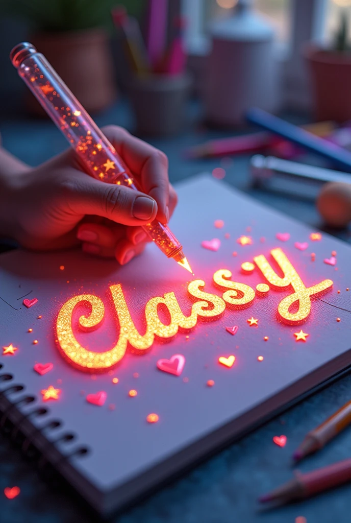 (((A mesmerizing, hyper-realistic 16K 3D illustration captures a magical moment of pure creativity. A talented artist is masterfully sketching a heartfelt message, "CLASS:y", in a notebook.))) The text is composed of vibrant, color sepia stars and hearts that smoothly transition through the entire spectrum. The artist's hand, holding a transparent pen filled with radiant stars, is detailed exquisitely, symbolizing boundless creativity and imagination. The background is a three-dimensional sketchbook setting with scattered throughout, adding depth and dimension to this captivating, graffiti-inspired scene. The illustration radiates energy, movement, and vibrant colors, making it a true work of art that celebrates creativity and imagination., gra, cinematic, vibrant, graffiti, painting, typography, product, illustration, photo, 3d render, fashion, dark fantasy