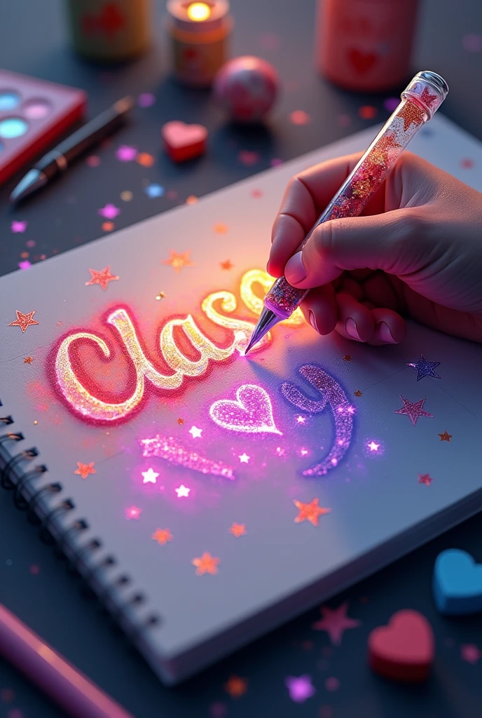 (((A mesmerizing, hyper-realistic 16K 3D illustration captures a magical moment of pure creativity. A talented artist is masterfully sketching a heartfelt message, "CLASS:y", in a notebook.))) The text is composed of vibrant, color sepia stars and hearts that smoothly transition through the entire spectrum. The artist's hand, holding a transparent pen filled with radiant stars, is detailed exquisitely, symbolizing boundless creativity and imagination. The background is a three-dimensional sketchbook setting with scattered throughout, adding depth and dimension to this captivating, graffiti-inspired scene. The illustration radiates energy, movement, and vibrant colors, making it a true work of art that celebrates creativity and imagination., gra, cinematic, vibrant, graffiti, painting, typography, product, illustration, photo, 3d render, fashion, dark fantasy