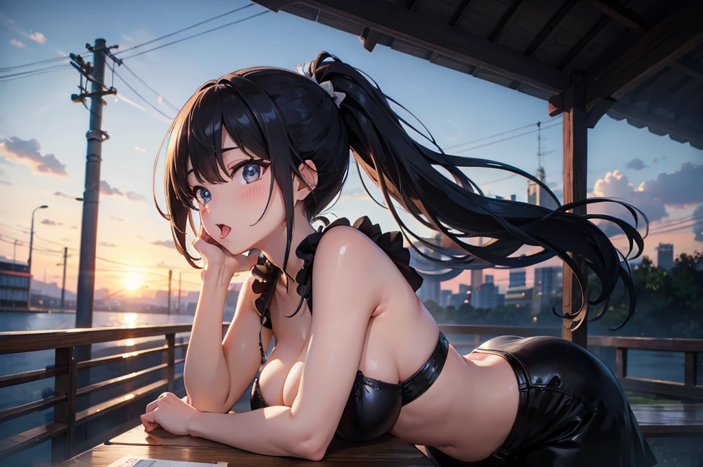 Prostitute with big breasts and black hair in a ponytail、Open your mouth wide and stick out your tongue。evening、super high quality、Highest quality、Masterpiece、Draw the body structure in detail、Low - Angle