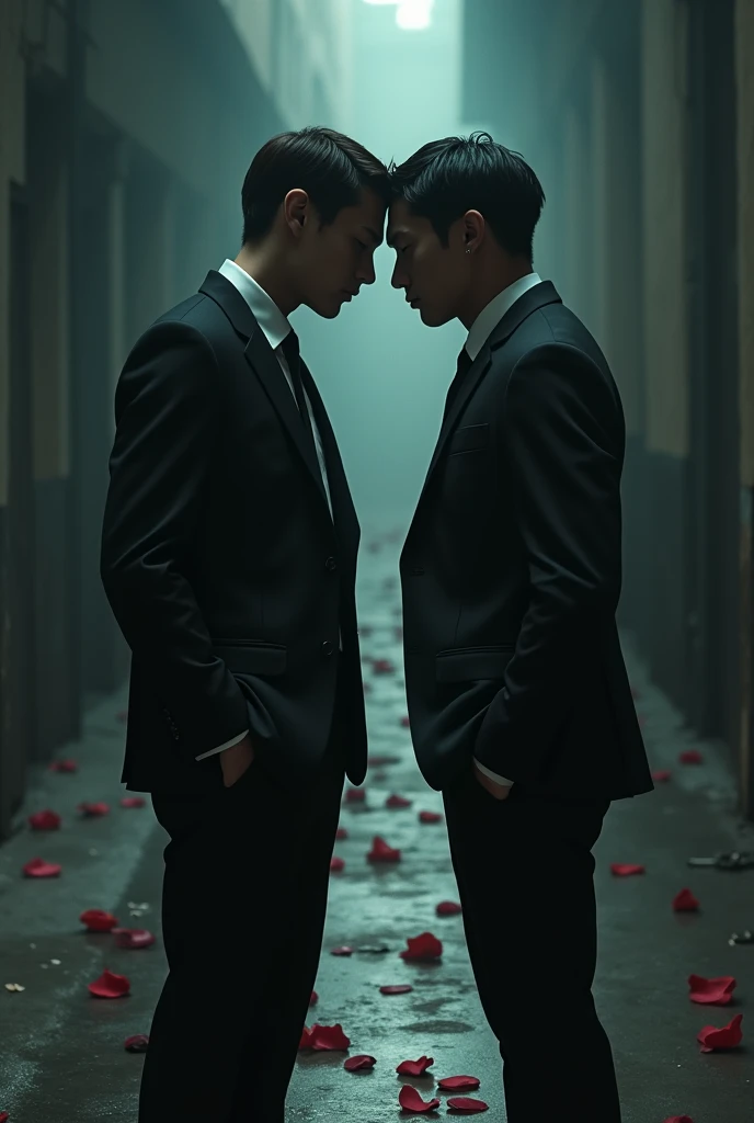 Two men in love wearing university uniforms and another one in the shadows behind.
