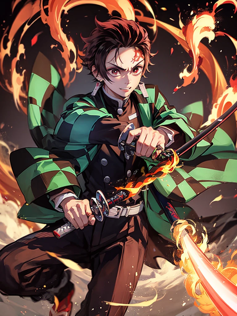 Boy (Tanjiro) using sword, fire coming from sword, happy look,