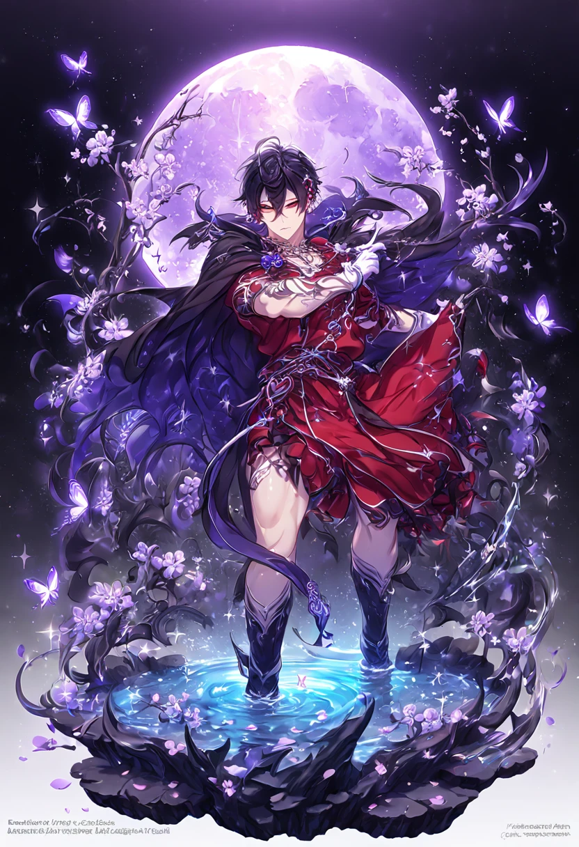 absurdres, highres, ultra detailed, HDR, master piece, best quality, Dantalion, black hair, hair carefully parted towards the right side in a messy fashion, expressive red eyes, Makai Ouji Devils and Realist, demon man, solo, sexy man, handsome, sensual, horny, manly man, white black and red tunic, tattered black cape, black piercings, white gloves, fantasy, magical, shining, purple flowers, blossoms, water, purple petals, purple butterflies, sparkling, purple moon, starry sky