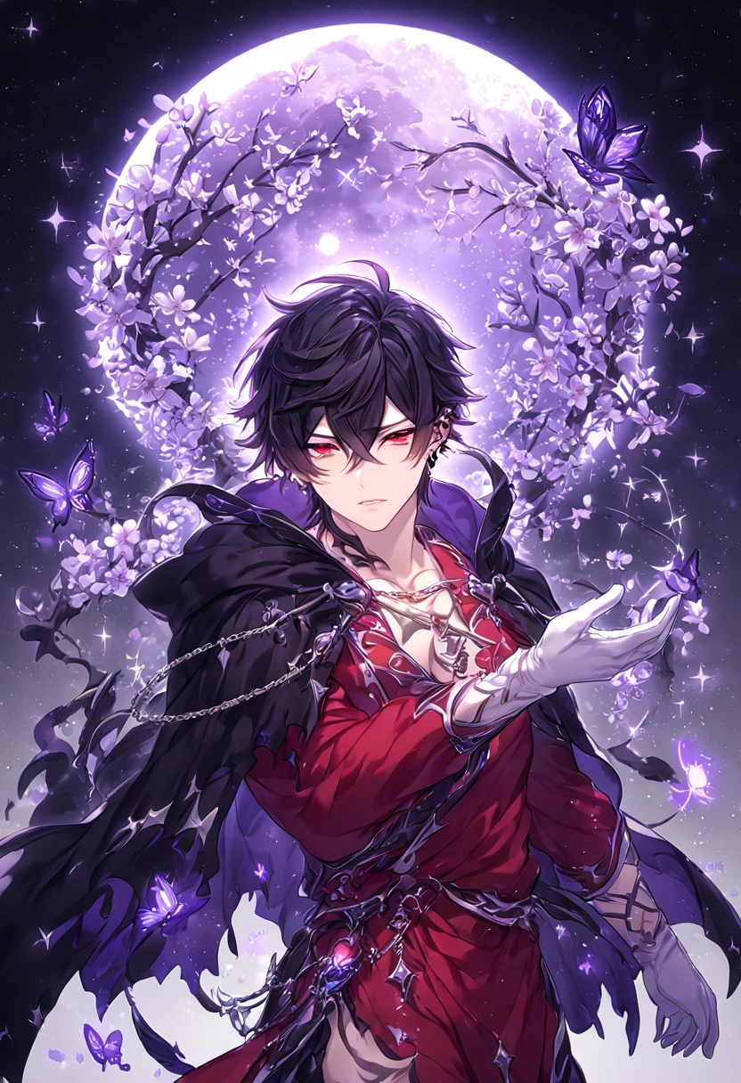 absurdres, highres, ultra detailed, HDR, master piece, best quality, extremely detailed, Tanaka Gundham, black hair, heterochromia, right eye red, left eye gray, Danganronpa 2, solo, sexy man, handsome, smile, sensual, purple scarf, black coat, white shirt, fantasy, water, sparkling, silver glittering fireflies, silver moon, silver blossoms, silver chrysanthemums, silver sparkling lights, starry sky,