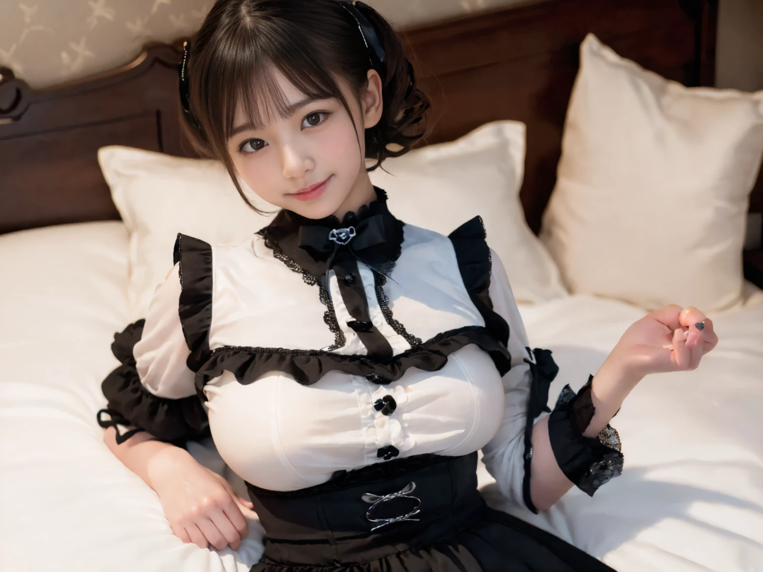 masterpiece, Highest quality, figure, Very detailed, The finer details, High resolution, 8k,wallpaper, Perfect dynamic composition,(Detailed high quality, Realistic depiction of eyes:1.3), (Three Girls),(Gothic Lolita fashion with tight buttons on the collar and chest), Seraphim, Short Bob Hair, (Lying on your back on the bed:1.3), Deep in the field, Black hair color, Big Natural Color Lip, (Perfect figure), (smile)、Harajuku Style、Adorable expression、Expressions of happiness、、height: 145cm、Baby Face、Amute、Cute type、Beautiful feet, Idol Sculpture、Big Breasts、whole body、Erect nipples