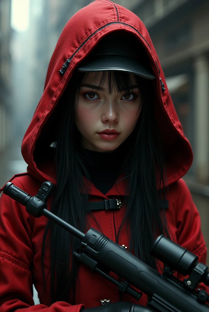 Wearing a red and black hooded military uniform、Wearing a black beret、Grab a sniper rifle、She has long black hair and pointy eyes.、Draw a beautiful girl who seems to have a strict personality.