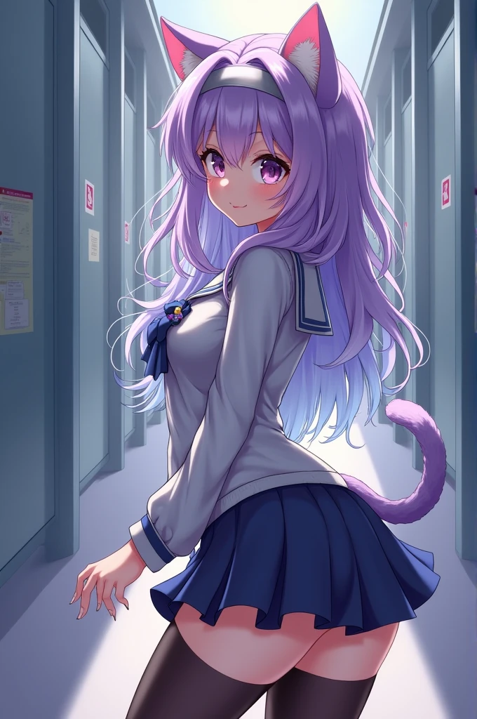 A purple and light blue anime style cat girl in school clothes with big breasts.with long stockings, with a mini skirt and wanting sex