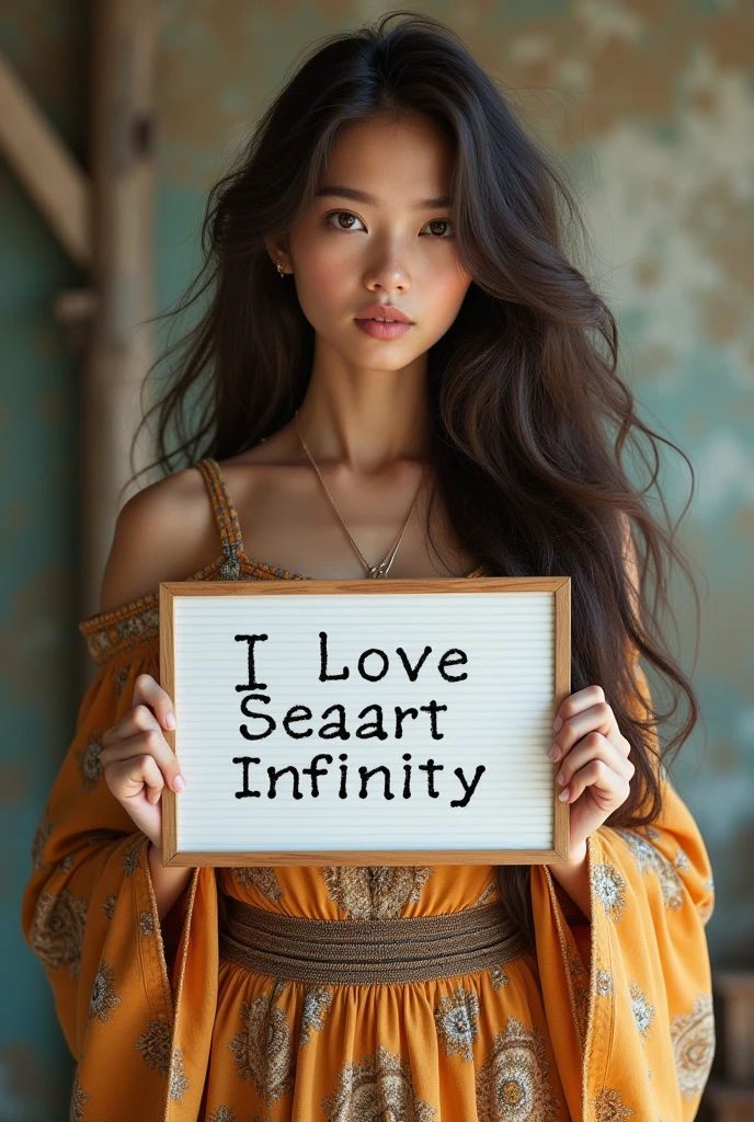 Beautiful girl with wavy long hair, bohemian dress, holding a white board with text "I Love Seaart Infinity" and showing it to the viewer
