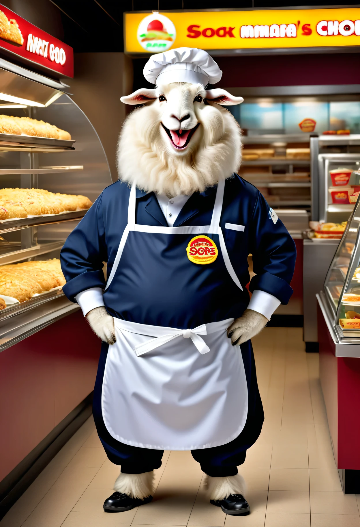  photorealistic portrait of Dressed animals-a ((fat))  (angora goat) worker,(furry), (elegant pose:1.5), (hands on hips:1.5),(smile:1.5),high quality,(),(lovely) ,intricate details, Wearing fast food shop uniform , (apron and cap), highly detailed ((fast food shop uniform)) ,highly detailed clothes, sneaker and high sox , (happy), soft lighting,(full body image:2.0),in fast food shop background,,score_9, score_8_up, score_7_up, score_6_up, score_5_up, score_4_up,