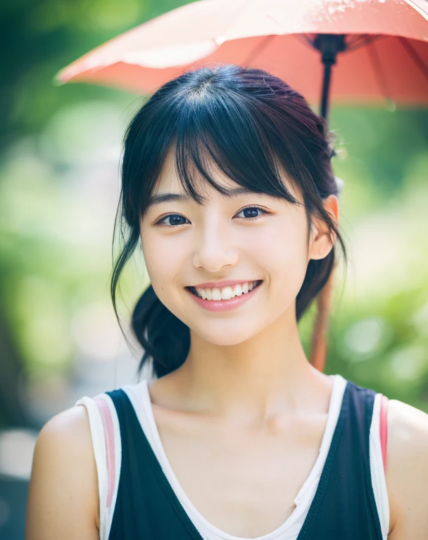 Portrait、8k、high quality、Realistic Photographic Images、Japan female in her 20s、Cleanliness、(Summer clothes, white in color)、small 、Natural and realistic eyes、((smile))、Beautiful black hair、Bun Hair、Sappin&#39;、light makeup、Beautiful lighting、Golden ratio composition、Natural background and light、Cityscape、Upper Body、Unclear、Droopy eye corners、Small black eyes