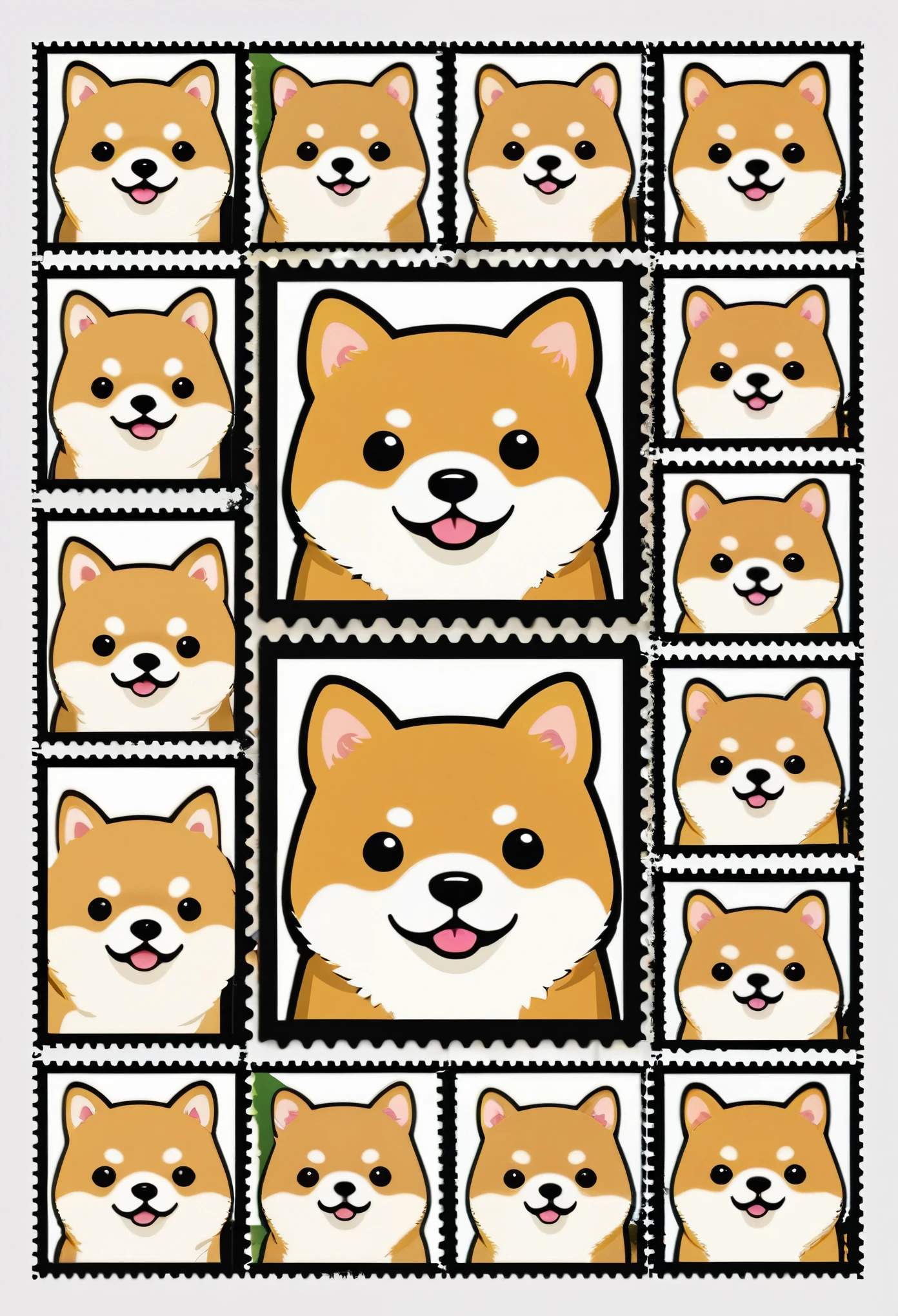 (masterpiece:1.2, Highest quality,Highest quality,Very detailedな:1.2),(Very detailed),(Photorealistic Stick),8k,(Mr.々Stamps featuring small Shiba Inu characters with cute expressions are arranged in a square.,Deformation,Very simple design,Rilakkuma style,Vector Flat,Vector art)
