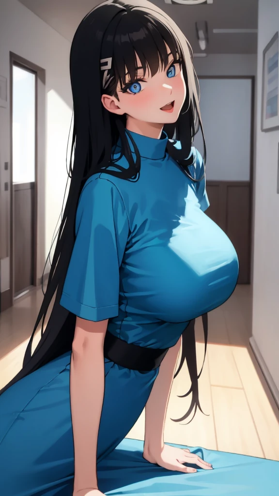 (masterpiece), (best quality), (ultra-detailed), ((girl, 29 years old)), an extremely delicate and beautiful, detailed eyes, minute details, (black hair, long hair, straight hair, hair between eyes), ((big breasts)), smile, open mouth, ((beautiful eyes)), (blue eyes), (upper body), she is wearing a blue dress, (detailed clothes), (detailed background, in a hospital, hospital hallway), (monochrome)