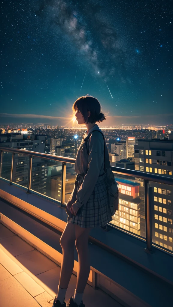 Anime girl standing on a rooftop looking at the stars and night sky, Anime Wallpaper 4k, Anime Wallpaper 4 k, 4k Anime Wallpaper, Anime Art Wallpapers 8K, anime art wallpaper 4k, anime art wallpaper 4k, Anime Style 4k, Makoto Shinkai Cyril Rolland, 4K Manga Wallpapers, Anime Wallpaper, Awesome Wallpapers, shooting star、Aerial View、Aerial view looking down