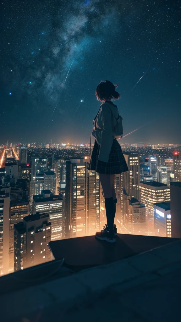 Anime girl standing on a rooftop looking at the stars and night sky, Anime Wallpaper 4k, Anime Wallpaper 4 k, 4k Anime Wallpaper, Anime Art Wallpapers 8K, anime art wallpaper 4k, anime art wallpaper 4k, Anime Style 4k, Makoto Shinkai Cyril Rolland, 4K Manga Wallpapers, Anime Wallpaper, Awesome Wallpapers, shooting star、Aerial View、Aerial view looking down