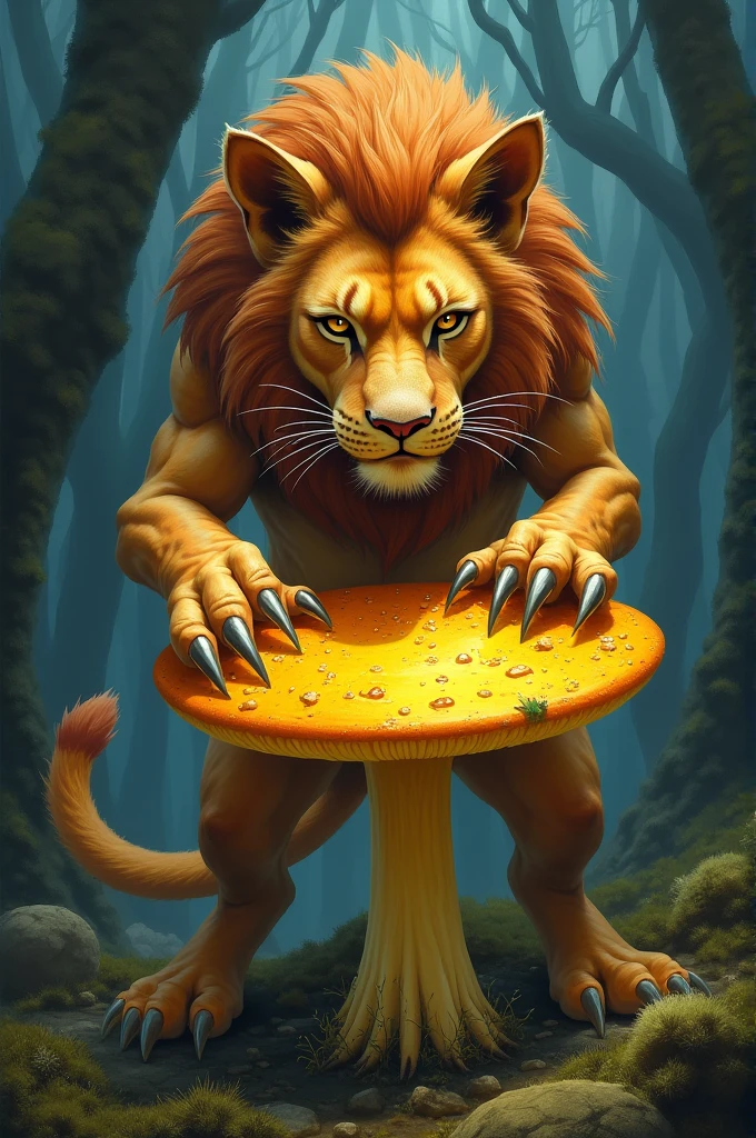 Lion cat crushes a yellow mushroom