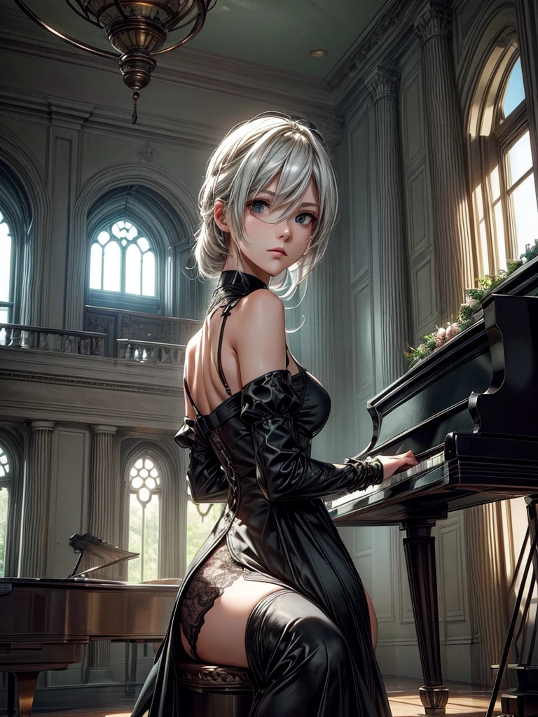 Create an image of 2B from NieR: Automata, seated gracefully at a grand piano. She is wearing her signature black dress with intricate lace detailing and thigh-high boots. Her white hair, slightly tousled, frames her face as she gazes intently at the piano keys, her blindfold pushed up to reveal her striking eyes, which convey a sense of calm and focus. The setting is a grand, dimly lit room with soft ambient light filtering through tall, arched windows, casting long shadows across the polished wooden floor. The piano is a sleek, glossy black, reflecting the room’s elegant features. 2B’s delicate fingers dance over the keys, her serene expression highlighting her high cheekbones and soft lips. The sheet music in front of her is slightly ruffled, hinting at a piece she’s deeply immersed in. Around the room, there are faint remnants of nature reclaiming the space, with small vines creeping along the window sills and a few fallen leaves scattered on the floor. In the background, a large, ornate chandelier hangs from the ceiling, adding a touch of sophistication to the scene. The color palette is a mix of soft grays, blacks, and whites, with subtle hints of green from the vines. The overall atmosphere is tranquil and introspective, capturing a moment of peace and beauty amidst the post-apocalyptic world of NieR: Automata.