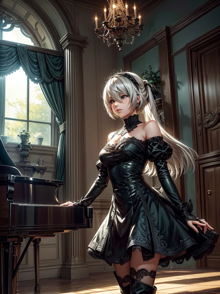 Create an image of 2B, the iconic android from NieR: Automata, seated gracefully at a grand piano. She is wearing her signature black dress with intricate lace detailing and thigh-high boots, with her white hair gently cascading over her blindfold. The setting is a grand, dimly lit room filled with soft ambient light filtering through tall, arched windows, casting long shadows across the polished wooden floor. The piano is a sleek, glossy black, reflecting the room’s elegant features. 2B’s delicate fingers dance over the keys with a serene expression on her face, embodying a sense of calm and focus. The sheet music in front of her is slightly ruffled, hinting at a piece she’s deeply immersed in. Around the room, there are faint remnants of nature reclaiming the space, with small vines creeping along the window sills and a few fallen leaves scattered on the floor. In the background, a large, ornate chandelier hangs from the ceiling, adding a touch of sophistication to the scene. The color palette is a mix of soft grays, blacks, and whites, with subtle hints of green from the vines. The overall atmosphere is tranquil and introspective, capturing a moment of peace and beauty amidst the post-apocalyptic world of NieR: Automata.