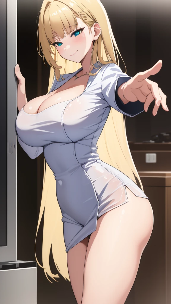 (Best Quality:1.5, High resolution, HD, 4k, detailed lighting, Shaders, perfect hand anatomy), straight blonde hair, busty, nurse costume, neckline, thighs, smiling, to throw, shooting they seek, standing, Hospital history