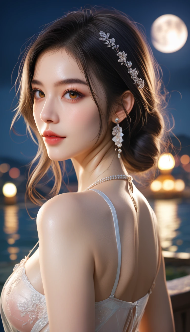 score_9, score_8_superior, score_7_superior, A masterpiece in 32K resolution,Highest quality,it is really amazing,Very detailed,Ultra-high resolution,Ultra-realistic,Realistic,Increased depth of field,Cinematic lighting,
Sexy Japanese Adult Women,
black straight medium hair,Ultra-detailed and beautiful face,Gentle expression,Translucent white skin,Realistic skin texture,
Elegant swimwear,
Bold design,Artistic design,Beautiful and detailed pattern,Detailed fabric texture,
Gorgeous necklace,Earrings,
Coastline at night,Giant Moon,Dark clouds floating in the dark night sky,
Cinematic Angle,Beautiful back view,