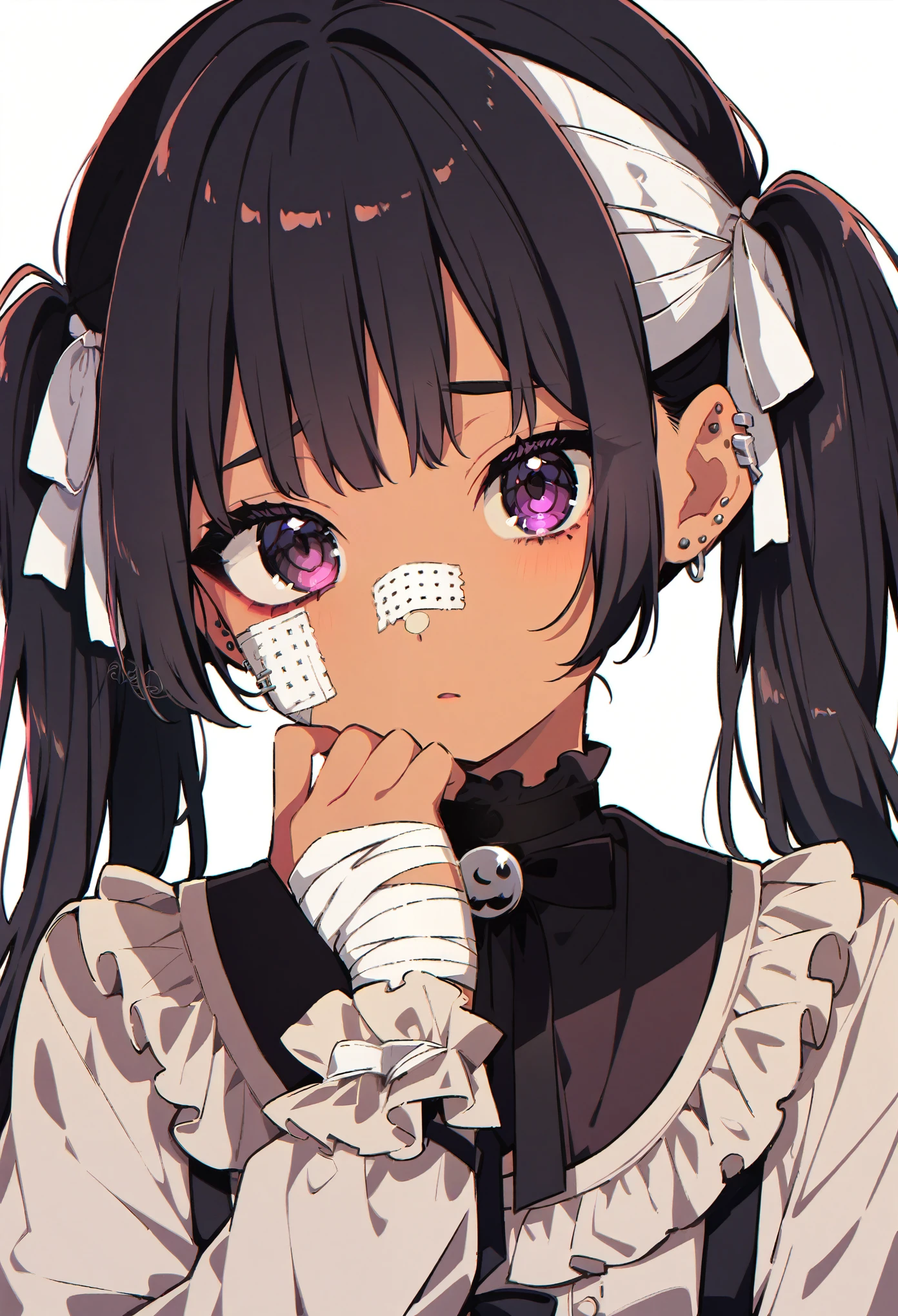 One girl, solo,black hair, slanted eyes, black eyes, under-eye bags, watery eyes, bandage on face, bandage on tip of nose, covered in bandages, piercing, bandage, Jirai Kei,pigtails,african american,dark skin