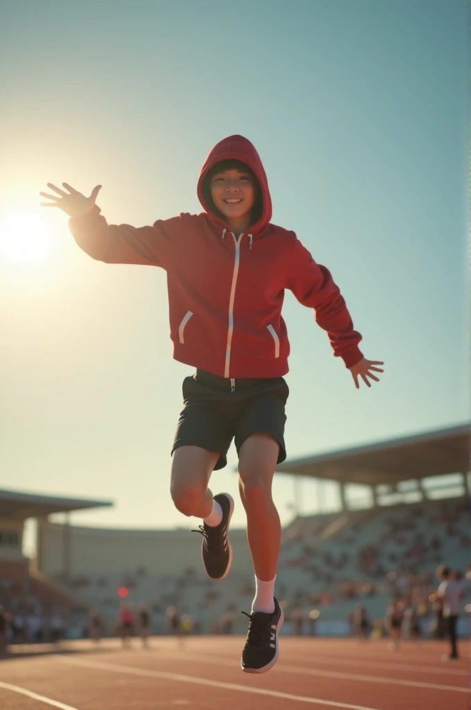 beautiful asian girl, hooded, dramatic shot, is participating in a high jump competition, angle from below as he is jumping, there is beautiful sunshine, perfect, magic shot, professional shot, use expensive canon camera