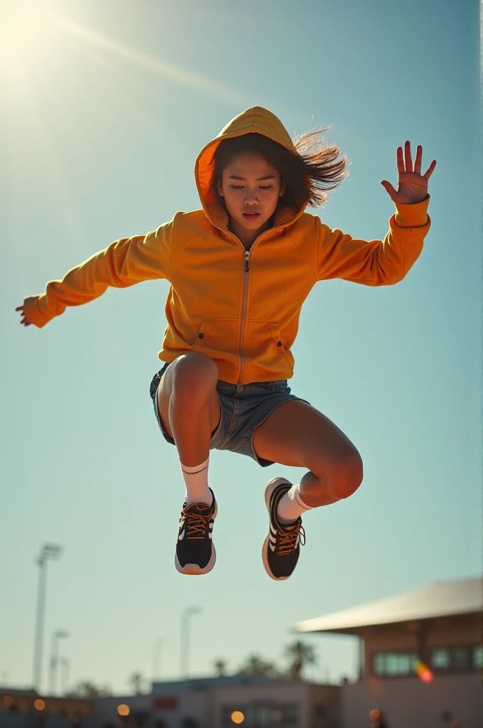 beautiful asian girl, hooded, dramatic shot, is participating in a high jump competition, angle from below as he is jumping, there is beautiful sunshine, perfect, magic shot, professional shot, use expensive canon camera