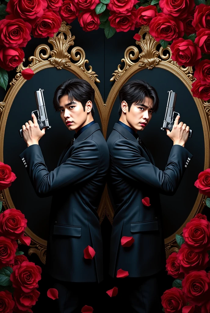 Create an image of EXO's Chanyeol and EXO's Baekhyun with guns, mirrors and roses