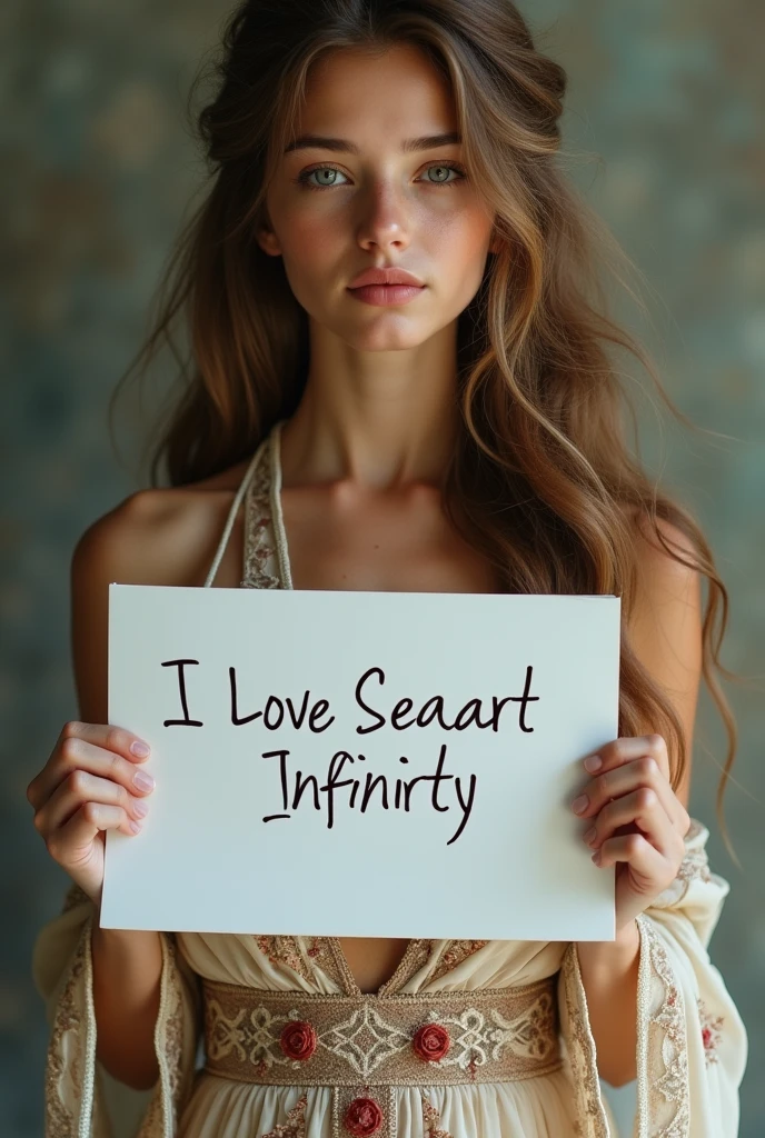 Beautiful girl with wavy long hair,
naked ,holding a white board with text "I Love Seaart Infinity" and showing it to the viewer