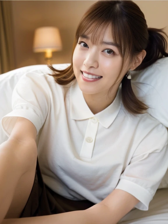 (Masterpiece, Best quality, 8K:1.3), (Ultra realistic, Photo-realistic:1.2), From above, From side, Lying on bed, Seductive pose:1.3, Looking at viewer, Natural light, 28 years old actress, Japanese women, Neat and clean, (Wearing white tennis uniform, White short-sleeve polo shirt:1.2), (unbutton polo shirt:1.3), (White tennis pleated skirt:1.2), White sock, Beautiful thighs, (ponytail:1.3), Short wavy hair, Light brown hair color, (Beautiful Face), Oval face, clear, Beautiful eyes, Kind eyes, Bedroom eyes, (Clear skin), Natural makeup, Small face, Small mouth, Beautiful mouth, Approachable, Hotel Suite room,On bed, Seductive smile, Shy smile,