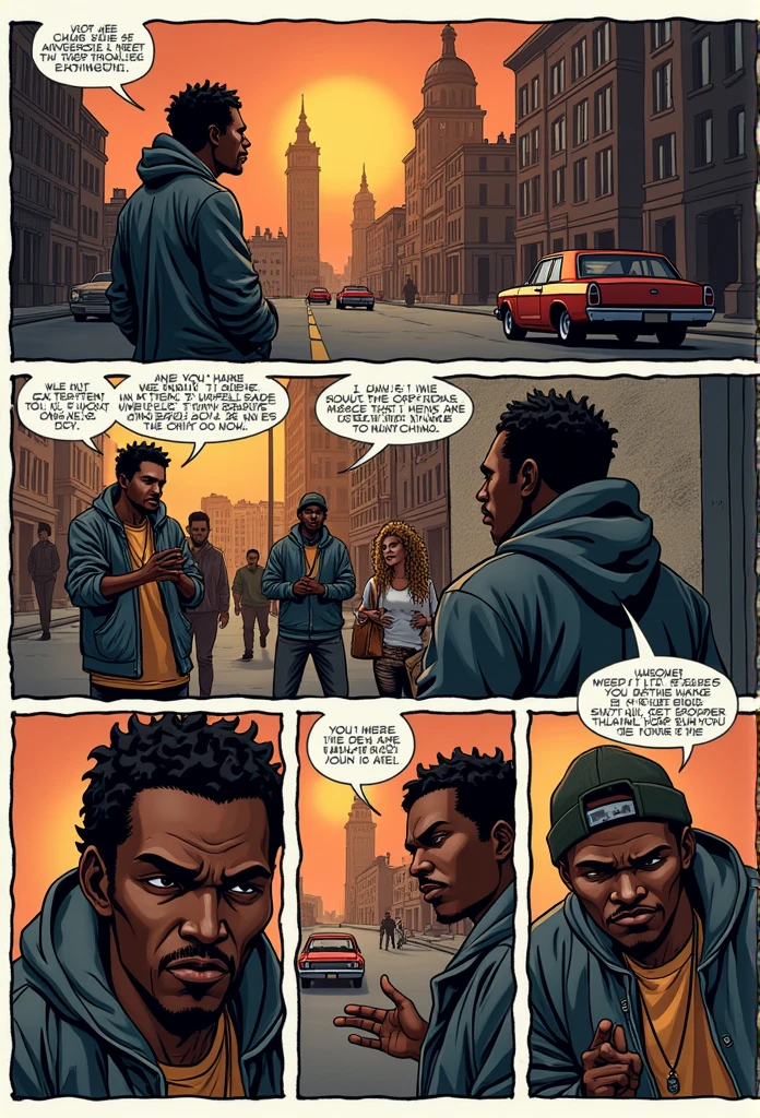 American comics, The comic story is presented in multiple irregular color panels. The dark-skinned African American experienced hardships as he tried to achieve his dream of becoming a rapper,Struggling with poverty every day,But still trying to find a way to get to the studio to record. Exaggerated style,Rich in details