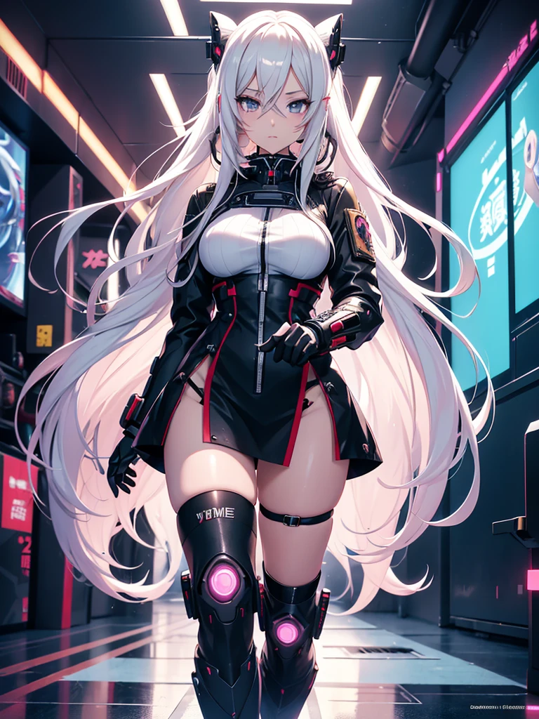 1 girl, wavy hair, long hair, red eyes, light gray hair, erect nipples, areola slip, big breasts, earrings, blushed, no panties, blurry background, Shanghai, cyberpunk, cyber suit, neon lights, sword, cameltoe, pepperoni nipples, skyscrapers, night, headset