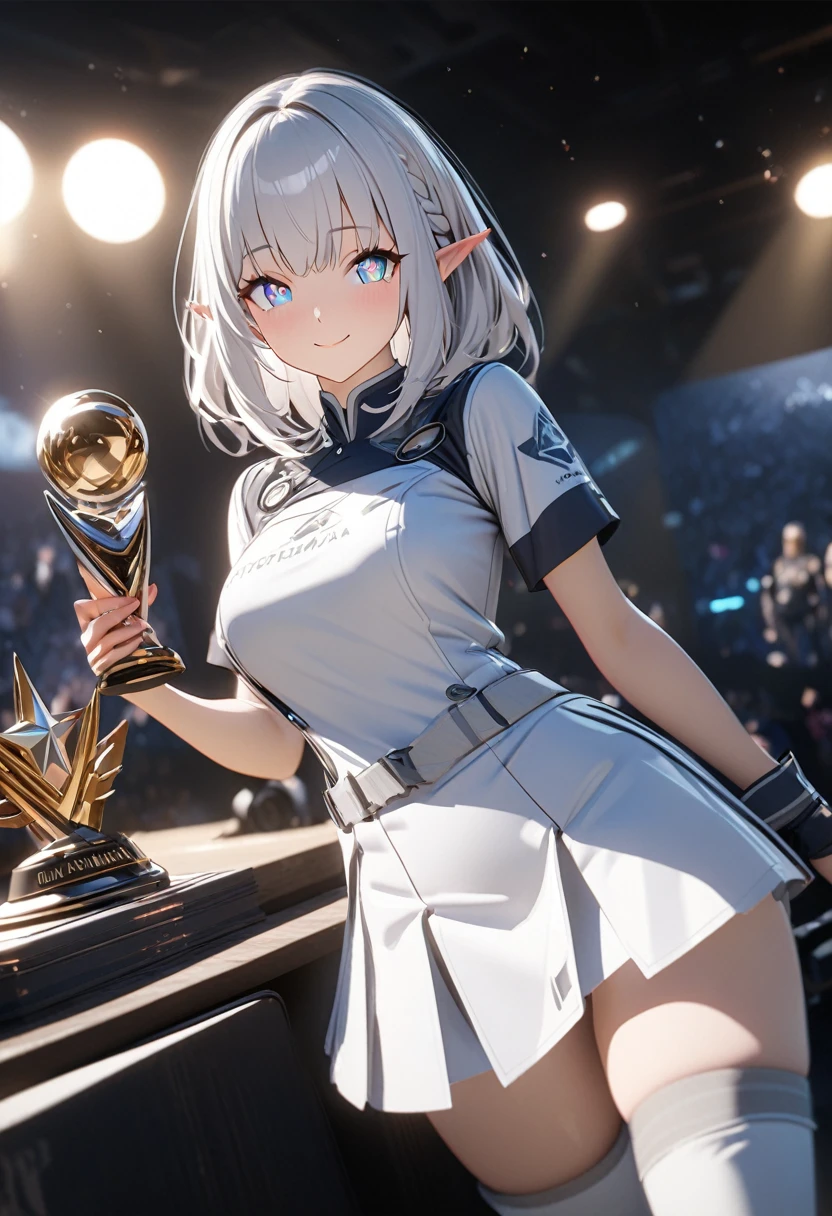 ,smile, BREAK, rocket team uniform, (logo on shirt:1.25), White jacket, White skirt, thigh high boots, abdomen, (bright Eyes:1.25), masterpiece, 最high quality, Very detailed, high quality, 4k, sharp focus, professional, sharp focus, Awards, cinema lighting, Octane rendering, unreal engine, volumetric dtx, Wallpaper, Emilia, long silver hair, Elf&#39;s ears, purple eyes