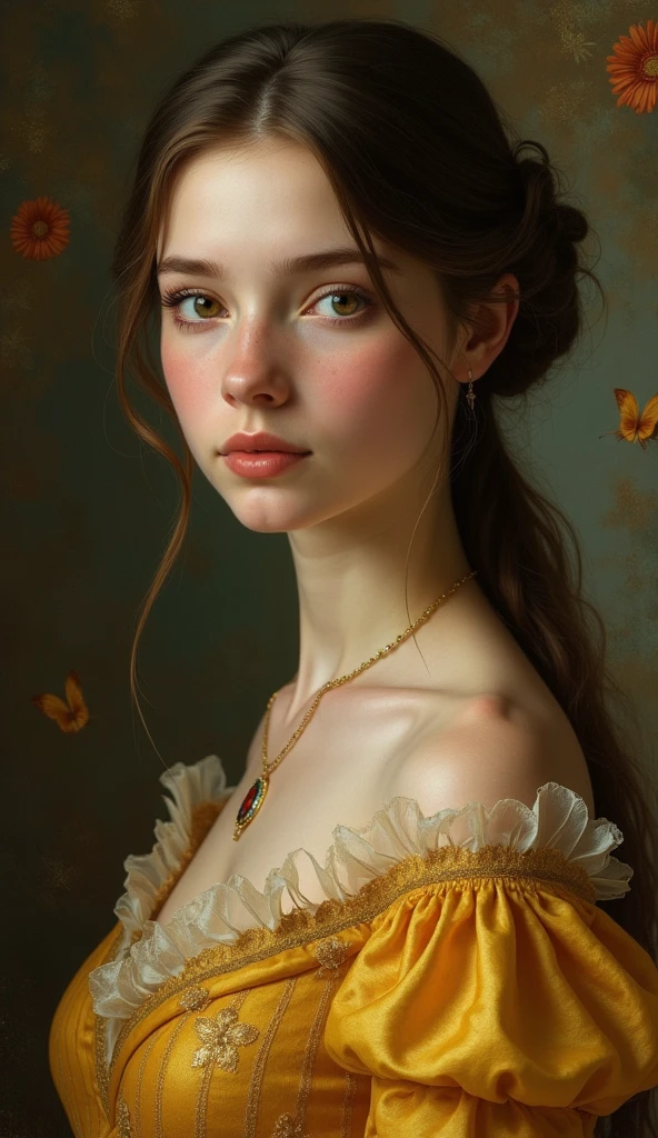 (highres,masterpiece:1.2),(realistic:1.37)"(best quality, highres, ultra-detailed, realistic),beautiful 19th-century portrait of a 14-year-old german, (She is german and is a stunning beauty with dark green eyes and a high nose:1.1), extremely beautiful!!!!!!!! face!!!!!, golden oriental style gown, detailed facial features, long graceful neck, flowing locks of hair, poised and elegant posture, soft and delicate lighting, classic oil painting medium, vibrant colors, subtle background with floral motifs", dreamy atmosphere, Surrealism, mystical aura, contrapposto!!!!!!!. (tiny!!!!! flat!!!!! chest)