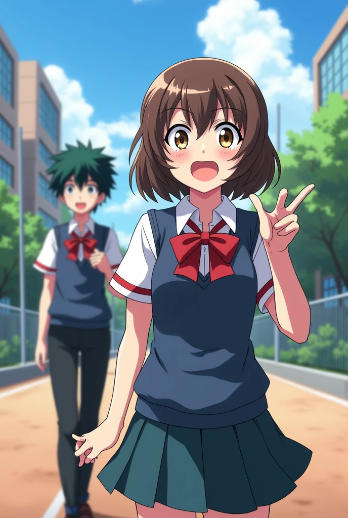 Screenshot of my hero academia Girl with short brown hair and brown eyes, She is cheerful and in the UA uniform and is with Bakugou 
