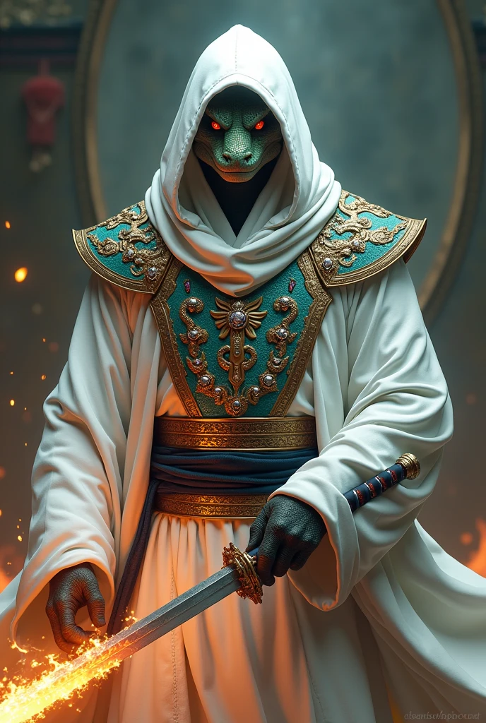 Ninja in white clothes , showing the reptilian face , with sword of fire , gold armour, couraça no peito cerulean cheia de pedras preciosas verde,rot, purple,cerulean,yellow.
Greva cerulean.
