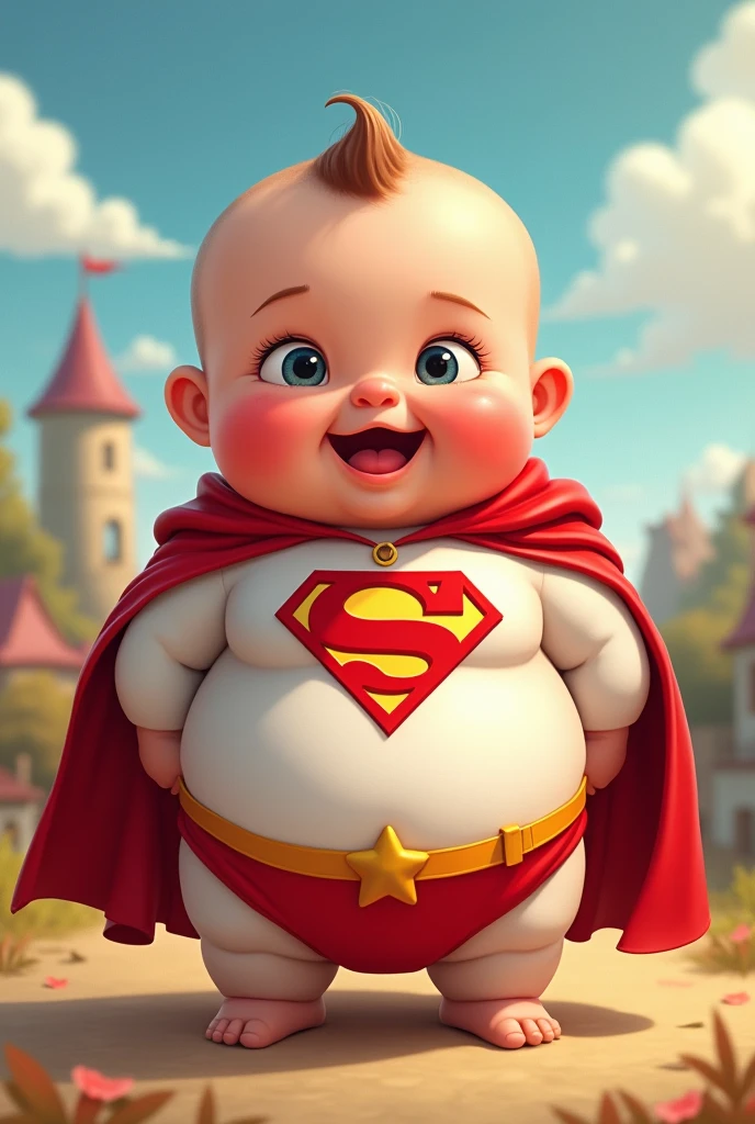 Very fat baby with a superhero cape and a symbol on his chest that says SF