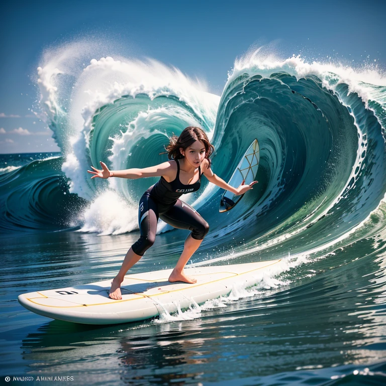 Full body photo、Back view、(Highest quality、4K、8k、High resolution、masterpiece:1.2)、ultra detail、Raw photo、(Realistic、Photo realistic、Photo - Realistic:1.37)、One girl、(A girl standing on a surfboard riding a giant tube wave:1.5)、Early morning sea、(He is crouching and balancing on a large surfboard.:1.3)、Surfing on huge waves、(Tube Wave:1.3)、(There's always a surfboard under your feet:1.3)、Bright blue sea、White bubbling water、Powerful waves、waves of the ocean、Sea splash、Wet Hair、(Super hourglass body type:1.3)、(Super big breasts pointing upwards:1.33)、Flexible body like an athlete、Beautiful and well-proportioned face、(Beautiful Eyes)、Turning around and smiling at the viewers、Dynamic movement blur、Correct fingers、Surfing Photos、Extreme Sports Photography、Acrobatic action pose、Sticking out your wetsuit butt