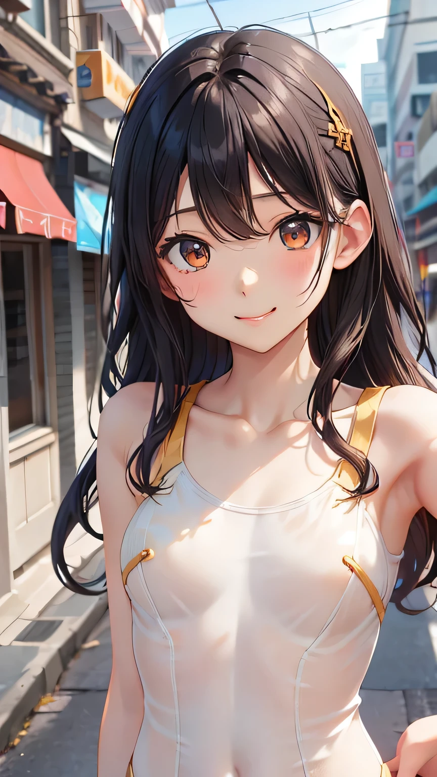 Highest quality、Realistic、woman、zoom、Orange eyes、Short black wavy hair、Glossy white swimsuit、Blue and gold accents、thin、Dark Skin、Flat Chest、Inappropriate smile、Busy Street、Bust Shot、