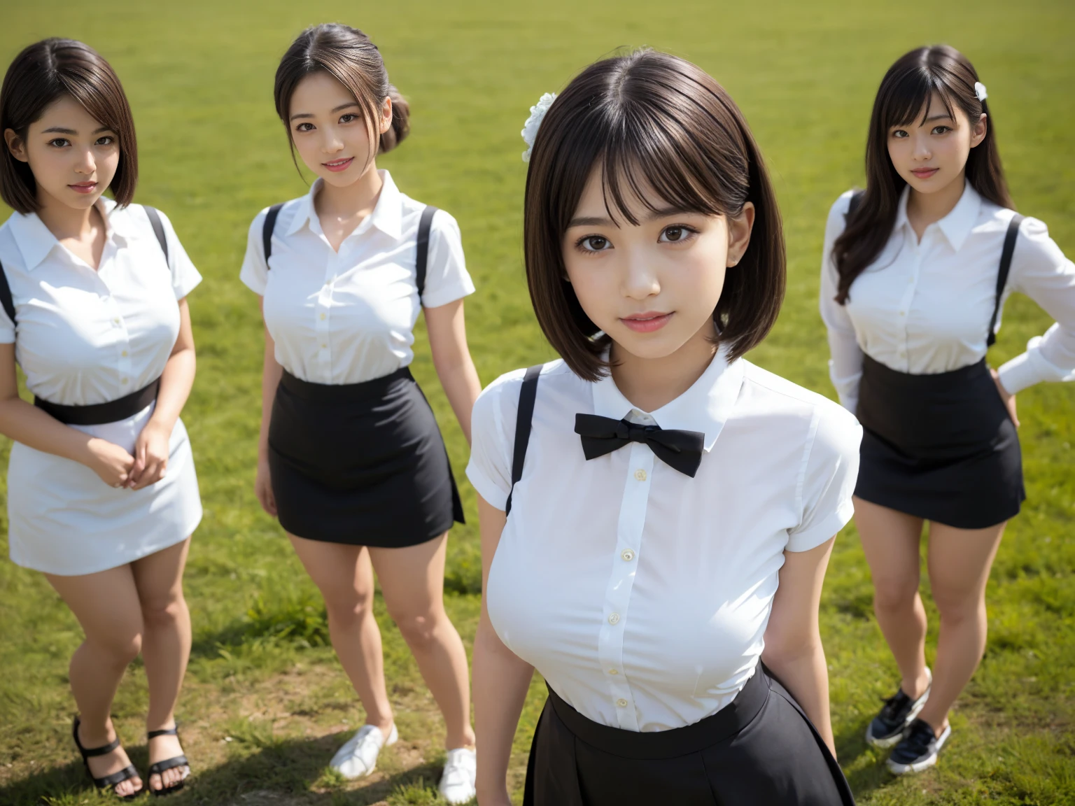 masterpiece, Highest quality, figure, Very detailed, The finer details, High resolution, 8k,wallpaper, Perfect dynamic composition,(Detailed high quality, Realistic depiction of eyes:1.3),(A tight-fitting waitress uniform with buttons on the collar and chest), Seraphim, Short Bob Hair, The background is an empty changing room, Deep in the field, Black hair color, Big Natural Color Lip, (Perfect figure), (smile)、Harajuku Style, Adorable expression、Expressions of happiness、Amazingly cute、Cute type、Beautiful feet, Idol Sculpture、Big Breasts