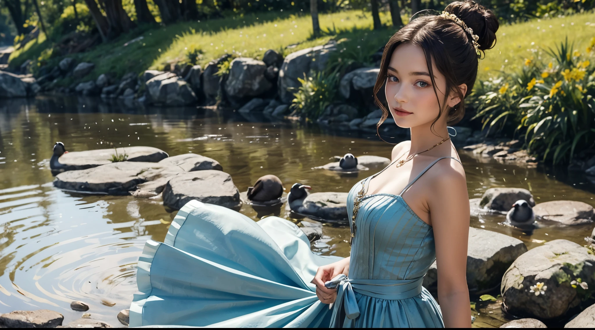 girl wearing camisole dress, BREAK, 1girl, surrounded by geese, standing in shallow river, detailed face, (looking at viewer:1.4), (10yo, cute:1.5), (breasts:1.2), golden hour lighting, warm sunlight, gentle ripples in water, soft reflections, natural setting, detailed textures, soft focus background, flowing dress, warm tones, high quality, gorgeous, see-through long ribbons tied on arms, inspired by cinderella, high bun hair with flower hairpin, wreaths, bracelets, metal chain tassels on the waist, (super realistic:1.2),