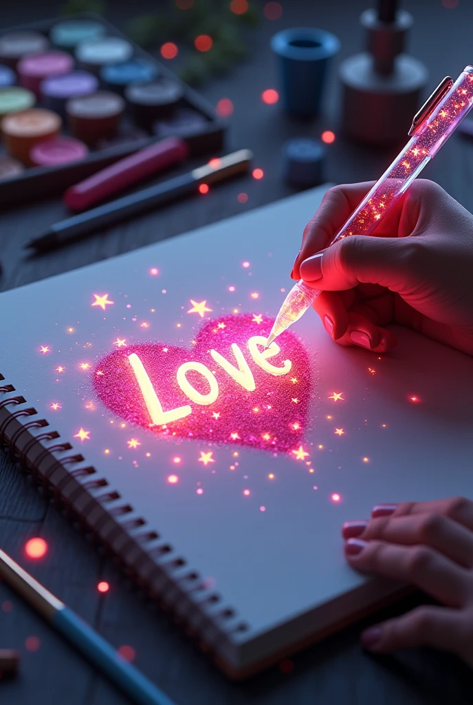 (((A mesmerizing, hyper-realistic 16K 3D illustration captures a magical moment of pure creativity. A talented artist is masterfully sketching a heartfelt message, "형서", in a notebook.))) The text is composed of vibrant, color sepia stars and hearts that smoothly transition through the entire spectrum. The artist's hand, holding a transparent pen filled with radiant stars, is detailed exquisitely, symbolizing boundless creativity and imagination. The background is a three-dimensional sketchbook setting with scattered throughout, adding depth and dimension to this captivating, graffiti-inspired scene. The illustration radiates energy, movement, and vibrant colors, making it a true work of art that celebrates creativity and imagination., gra, cinematic, vibrant, graffiti, painting, typography, product, illustration, photo, 3d render, fashion, dark fantasy