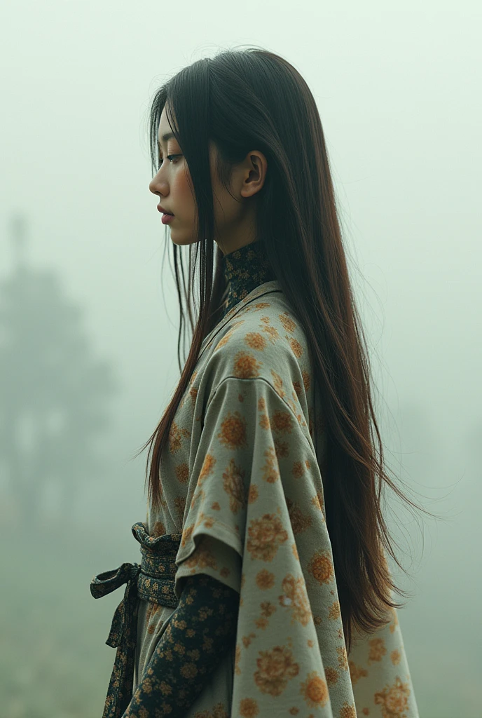 editorial photography,super detailed background,Super realistic,double exposure,depth of field,beauty super slender skinny vibes,soft focus tone,narrative scene,acrylic paint,high-contrast multilayer structure cyborg,full-body shot,from below,wabi-sabi kimono,super long straight brunette hair,