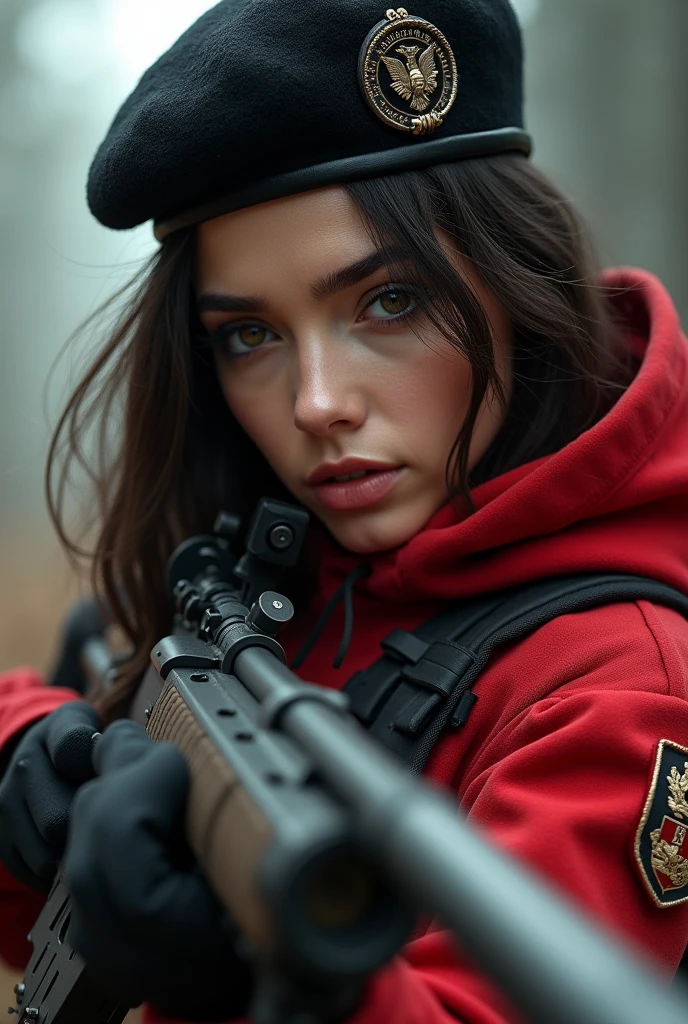 Wearing a red hooded military uniform with a lot of black、Wearing a black beret without a hood、Grab a sniper rifle、She has long black hair and pointy eyes.、Draw a beautiful girl who seems to have a strict personality.