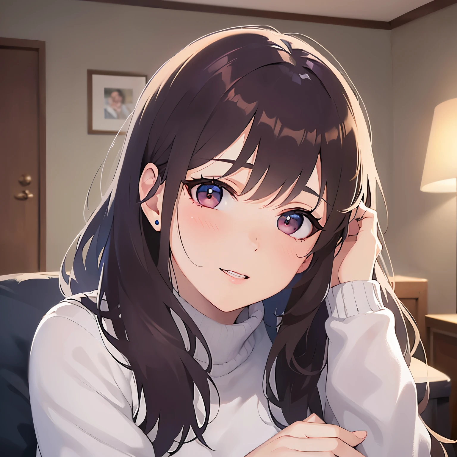 (looking at viewer:1.5)Upper Body, head tilt,
Realistic, real person, (pale skin: 1.2), RAW photo, photorealistic, shiny skin, shiny hair、
(A 25-year-old woman with medium-length hair and bangs) and (wavy hair) and (brown hair) and (orange eyes),
(White turtleneck long sleeve:1.5)
(tearful:1.4),smile.The background is the living room at night,Sitting