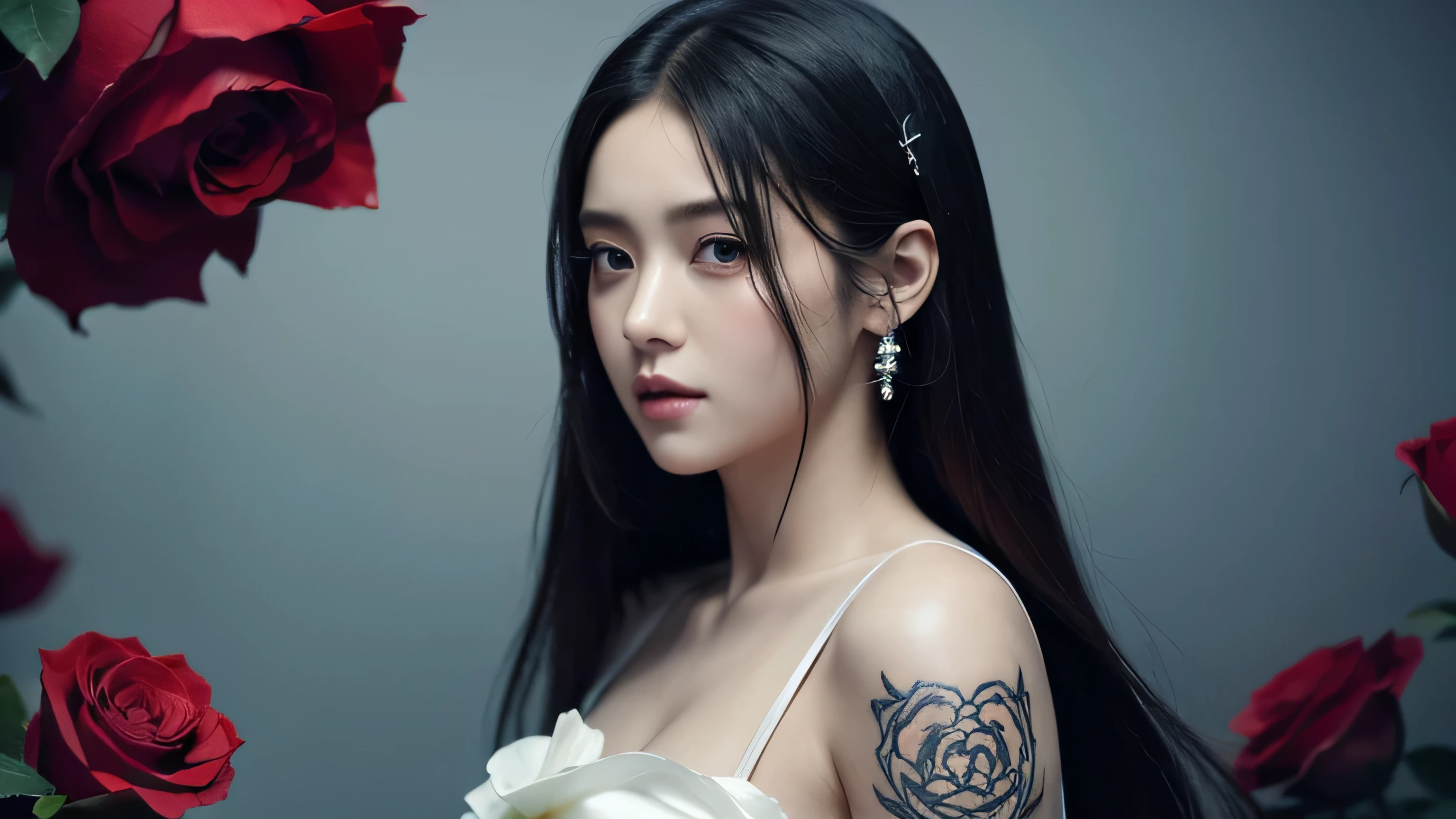 [Core Concept] A captivating anime-style portrait of a young woman with striking features and a mysterious allure.

[Character Description] A beautiful anime girl with long, flowing black hair and a white dress adorned with a vibrant red rose. Her body is adorned with intricate tattoos, and her eyes are stunningly detailed, conveying a sense of depth and emotion.

[Environment/Background] The background is left intentionally ambiguous, allowing the focus to remain on the subject's captivating presence.

[Style and Atmosphere] The artwork is rendered in a detailed, digital anime style, with a level of technical mastery that showcases the artist's exceptional skill. The overall atmosphere is one of ethereal beauty and enigmatic charm.

[Composition] The portrait is framed in a way that highlights the subject's striking features, drawing the viewer's attention to her mesmerizing gaze and the intricate details of her appearance.

[Details and Embellishments] The artwork is adorned with intricate elements, such as the delicate rose and the intricate tattoos, adding to the character's allure and creating a sense of depth and complexity.

[Technical Specifications] The image is rendered in high-quality, 4K resolution, showcasing the artist's exceptional digital painting skills and attention to detail.