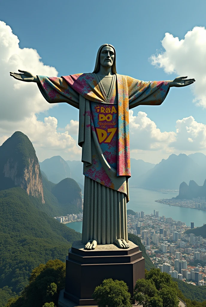 Create image of Christ the Redeemer with gang shirt written TROPA DO DZ7