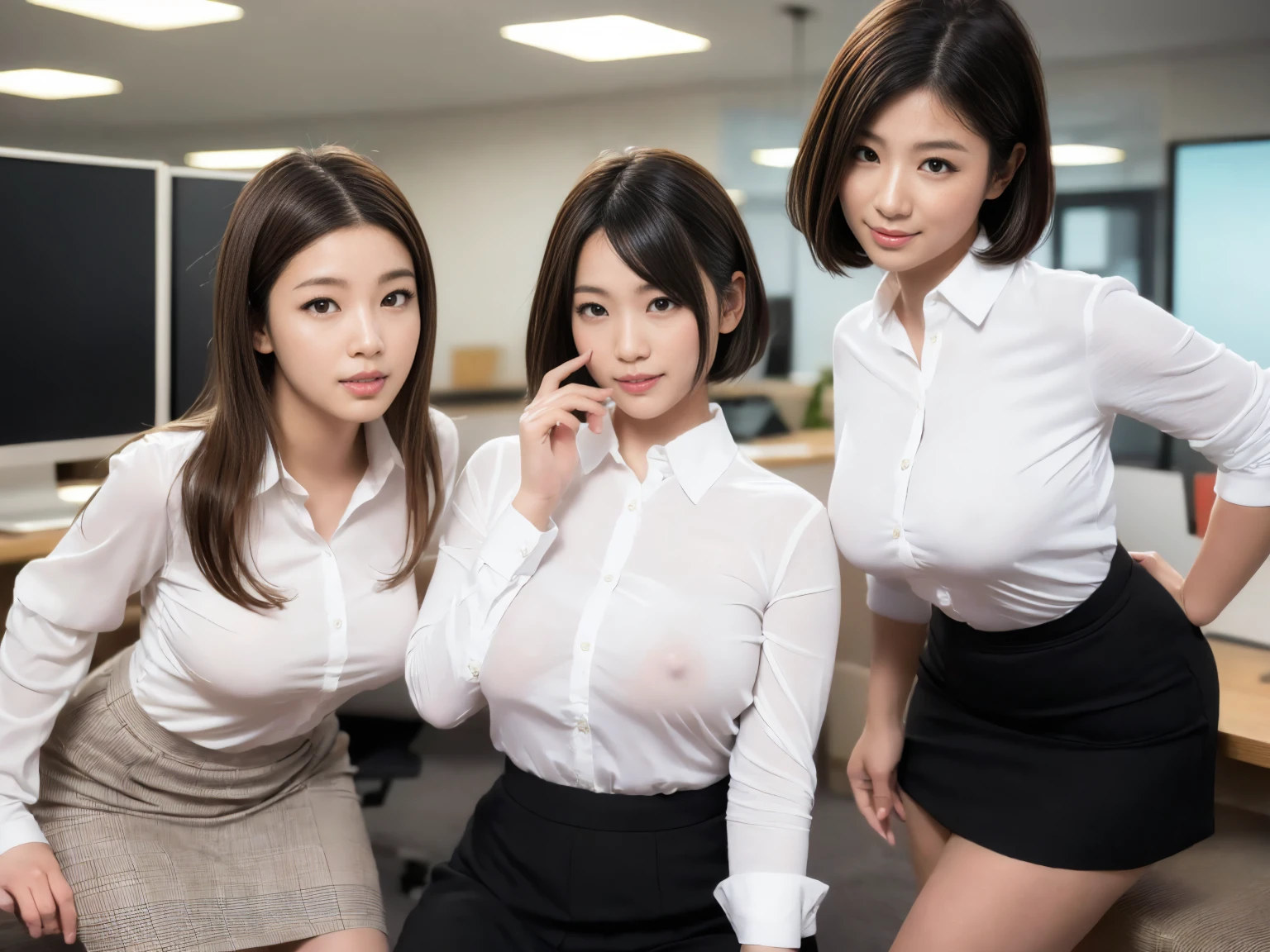 masterpiece, Highest quality, figure, Very detailed, The finer details, High resolution, 8k,wallpaper, Perfect dynamic composition,(Detailed high quality, Realistic depiction of eyes:1.3), (Three Girls), A tight-fitting business shirt with buttons on the collar and chest, Short tight skirt, Seraphim, Short Bob Hair, The background is an empty office, Deep in the field, Black hair color, Big Natural Color Lip, (Perfect figure), (smile)、Harajuku Style、Beautiful Japanese women:1.4), Adorable expression、Expressions of happiness、Very beautiful、Beautiful feet, Idol Sculpture、Big Breasts