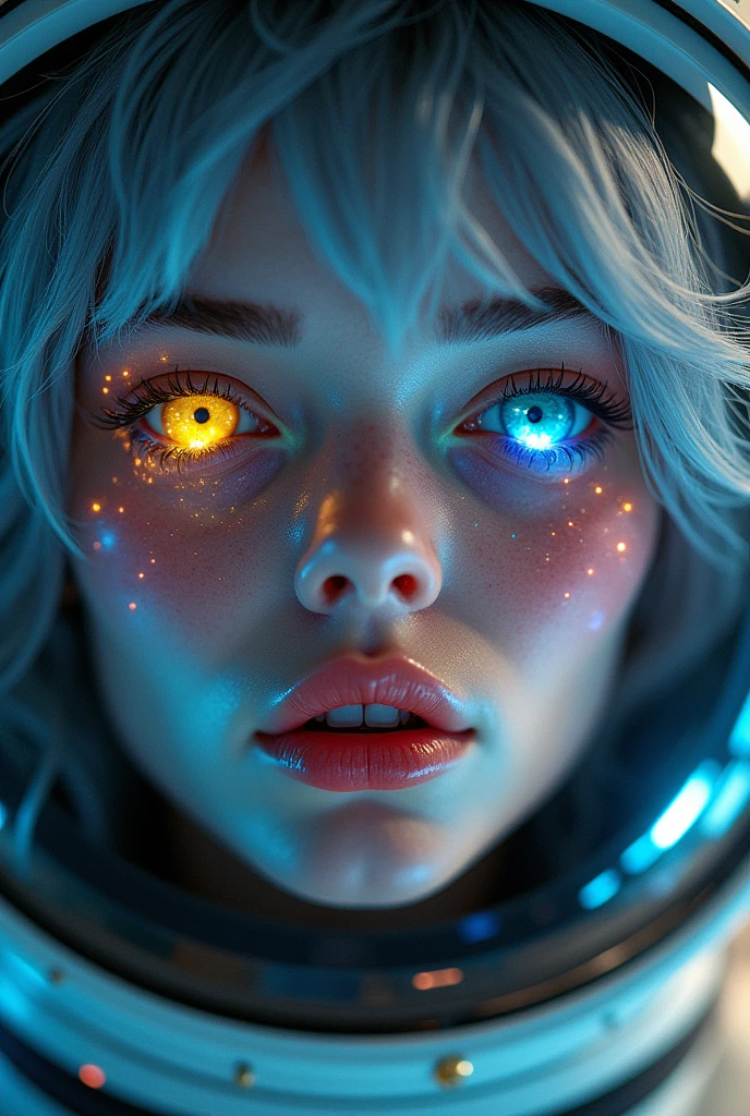 (Close-up of a better masterpiece:1.5)0.9], (Space and astronauts:1.2) (Messy silver hair:1.1) (Heterochromia xanthochromia and blue eyes:1.2) (Space Helmet:1.0) (Colored stars in the eyes:1.0) (A radiant glow:1.1) (thick lips:0.9)