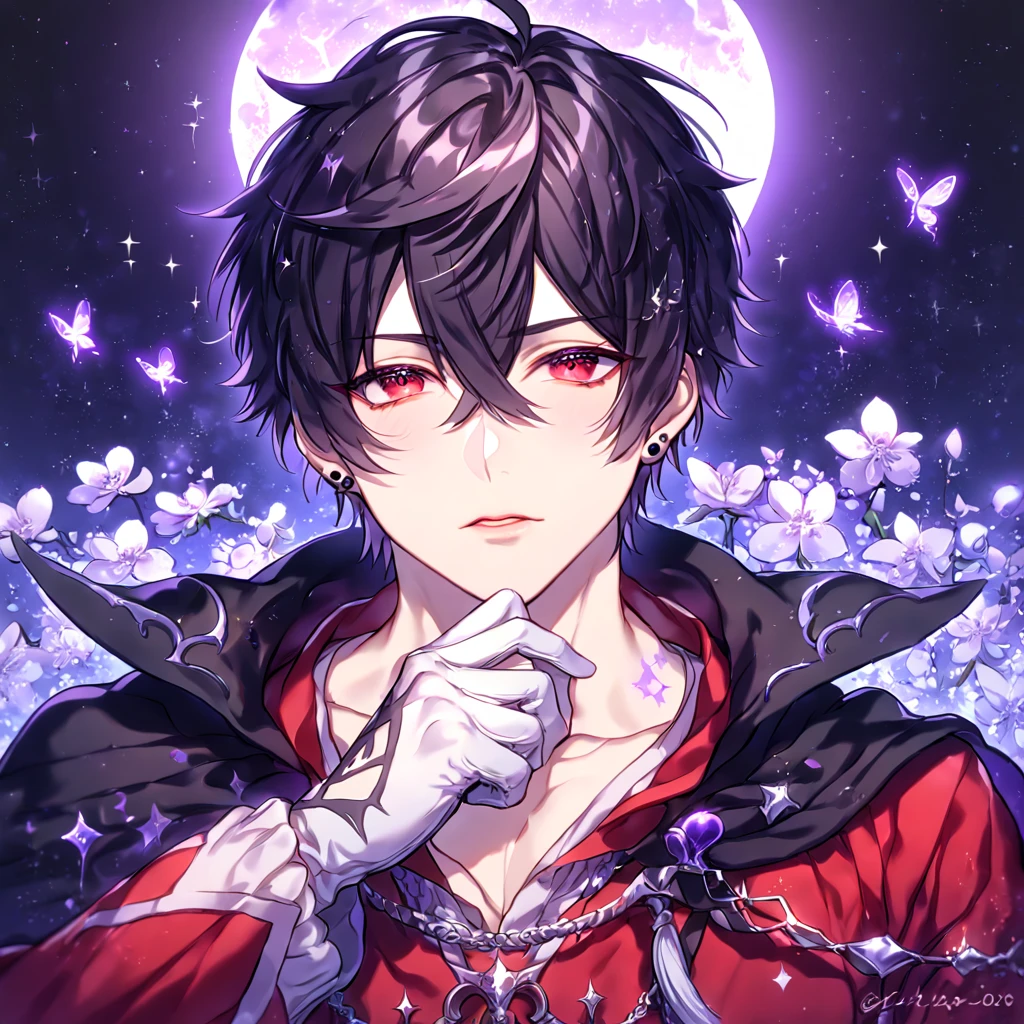 absurdres, highres, ultra detailed, HDR, master piece, best quality, Dantalion, black hair, hair carefully parted towards the right side in a messy fashion, expressive red eyes, Makai Ouji Devils and Realist, demon, solo, sexy man, handsome, sensual, horny, manly man, close up, white black and red tunic, tattered black cape, black piercings, white gloves, fantasy, magical, shining, purple flowers, blossoms, water, purple petals, purple butterflies, sparkling, purple moon, starry sky