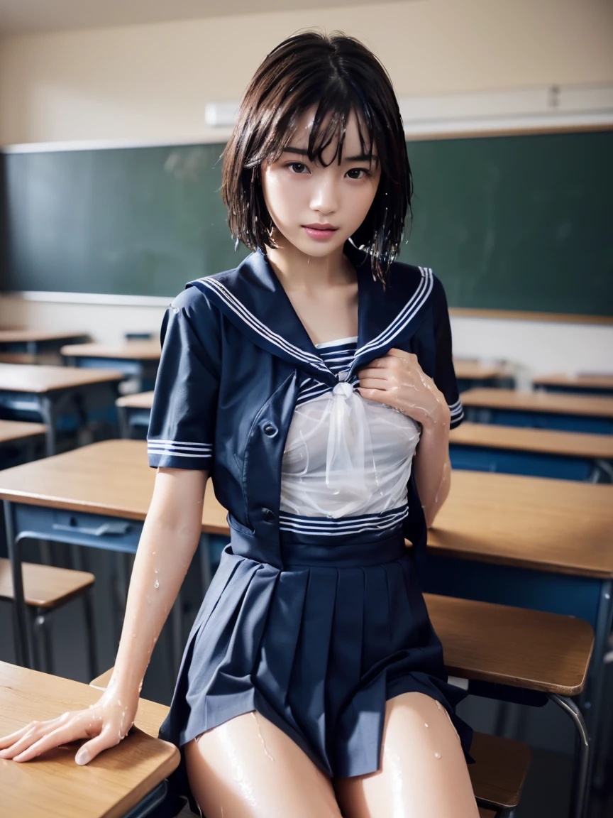 (masterpiece:1.2), Very detailed, Ultra-high resolution, (Realistic, photo Realistic:1.6), High-resolution RAW color photos, Professional photos, Sharp focus:1.2, (Very detailed顔と肌の質感, Very beautiful eyes, Glossのある肌, Glowing Skin, Glowing Skin, Shining Face, Gloss, Oily skin, greasy face, Oily skin, greasy face,),, (real Glossのある肌 texture), Perfect Anatomy, Very detailed背景,(High school classroom at night),((1 female)),25-year-old woman, Japanese women,height: 168cm,(short hair, Straight hair, bangs, Brown Hair),((Flat Chest:1.6)),(Slim, thin legs), ((((Short Sleeve White Sailor School Uni形状、Navy blue pleated skirt:1.5、Sexy bra covered by sailor suit))),Sit at a desk、((((Wet and sheer sailor suit:1.4))))